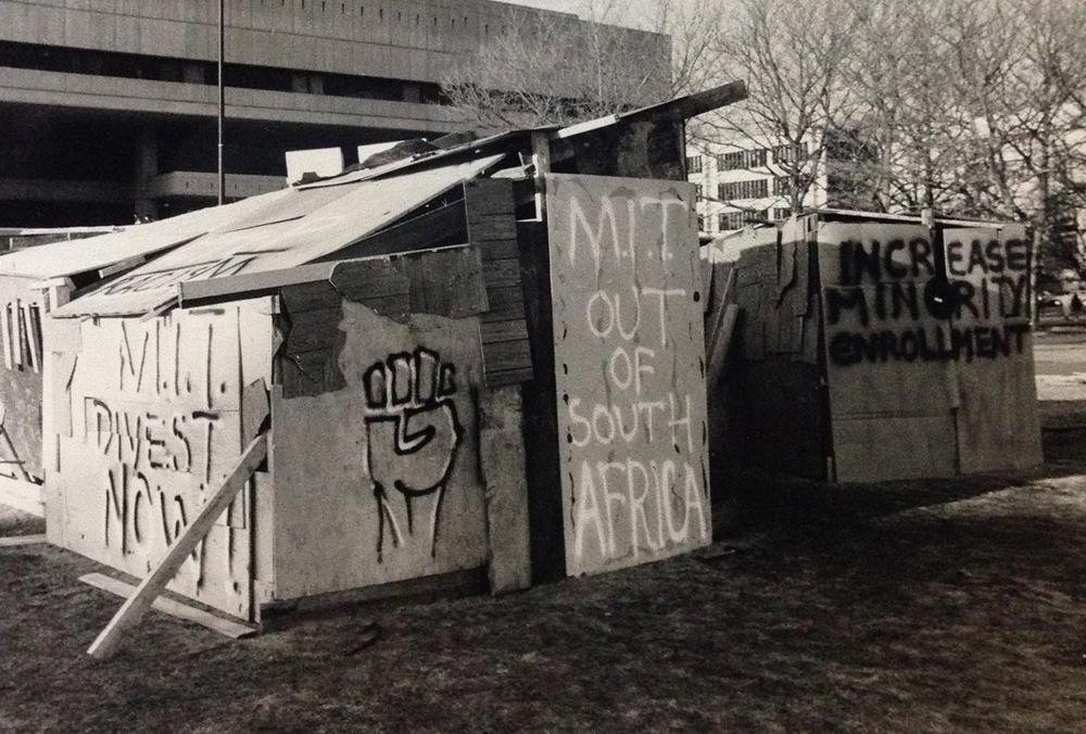 Shantytown built in protest by Coalition Against Apartheid, 1987