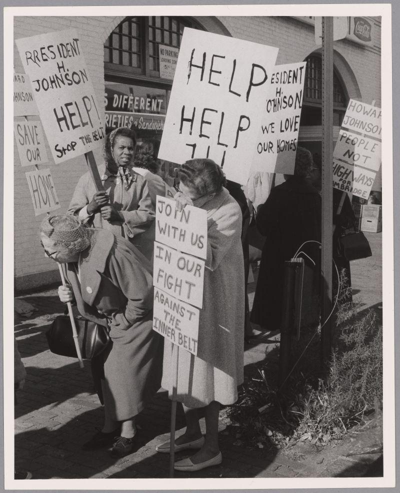 Protesting the building of the Inner Belt at Pres. Howard W. Johnson's inauguration, 1966